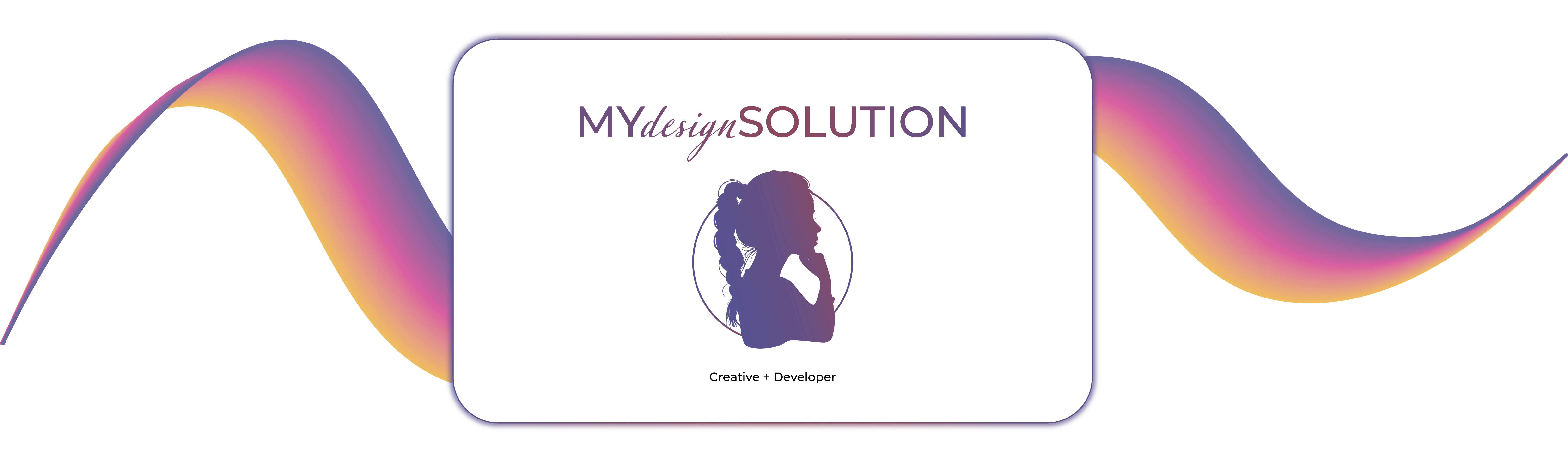 My Design Solution hero image consists of the MDS logo including a side profile silhouette of a female thinking set on a white rounded rectangle being gently wrapped inside of a bright coloured wave that transitions from bright yellow to pink to purple set on a pastel gradient page background - the colour theme is inspired by the colours of the sky