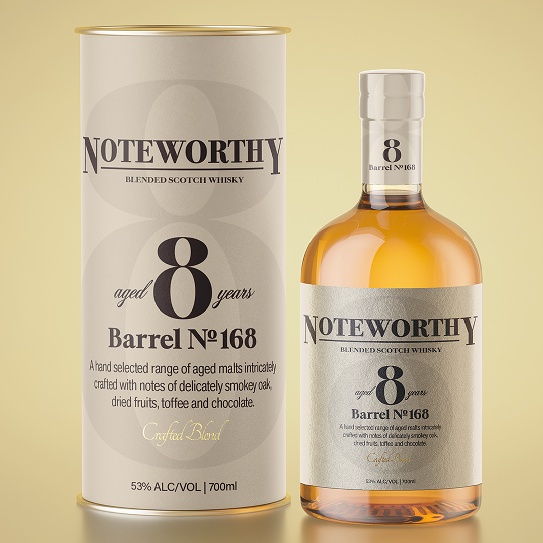 Noteworthy whisky label, packaging and logo design by Graphic Designer Melissa Sherley