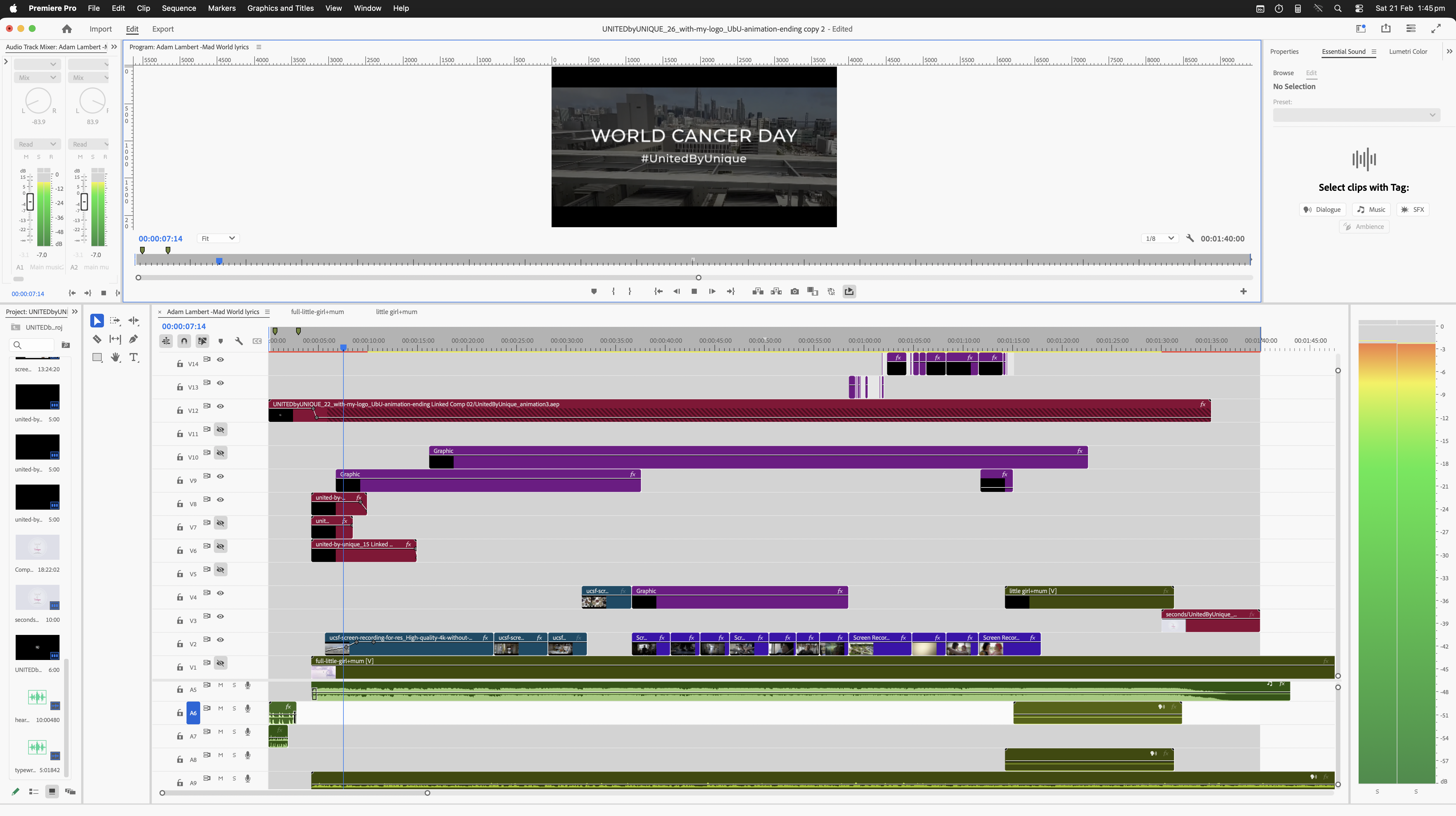 The making of the World Cancer Day #UnitedByUnique' video by Melissa Sherley; video editing in Adobe Premier Pro by Melissa Sherley